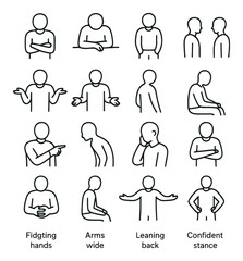 Body language icon collection, nonverbal communication symbols. gesture and posture set