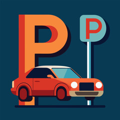 Car and parking board vector illustration
