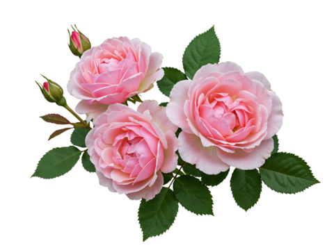 Three delicate pink roses with green leaves and buds isolated on transparent background