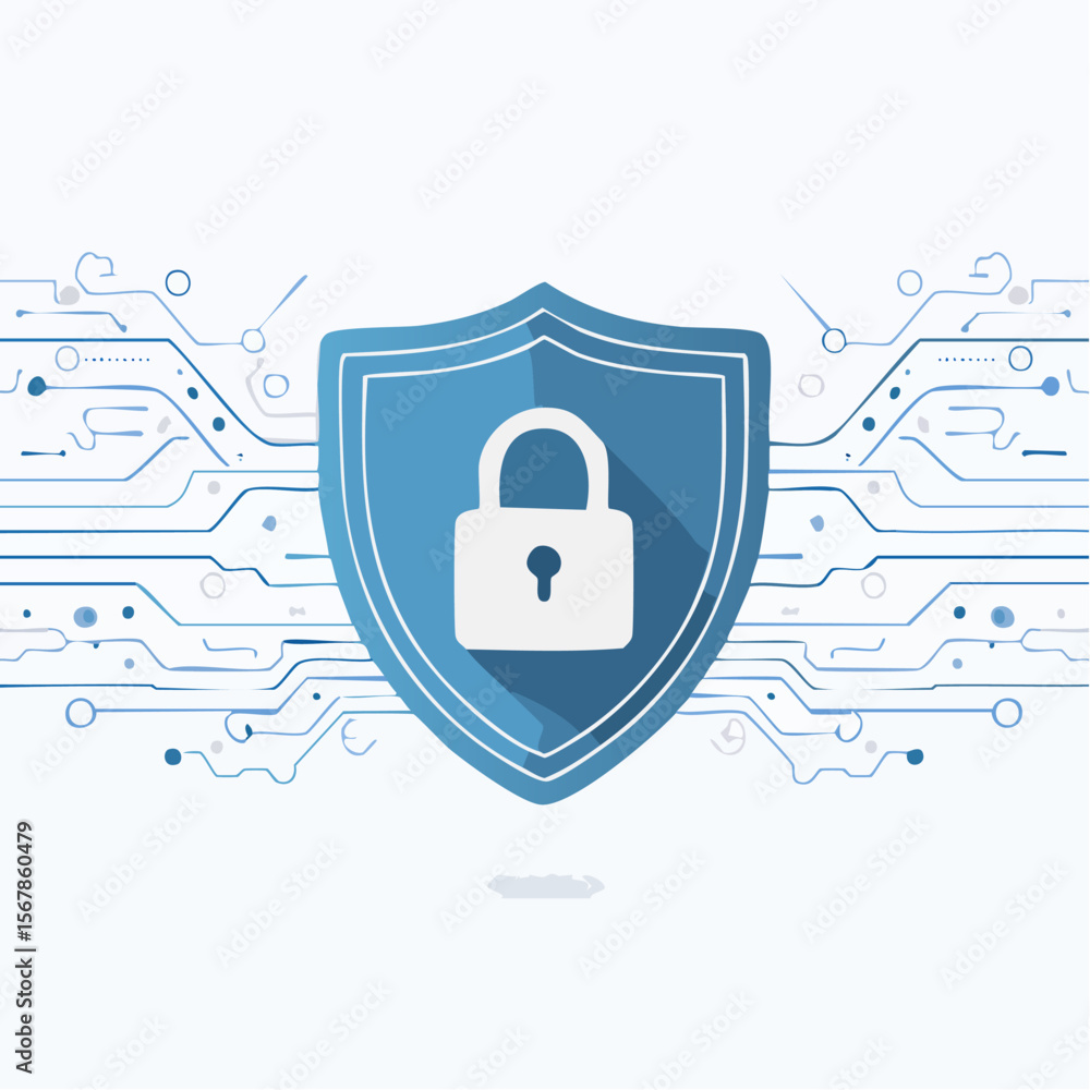Poster a blue shield with a white padlock is surrounded by abstract circuit lines
