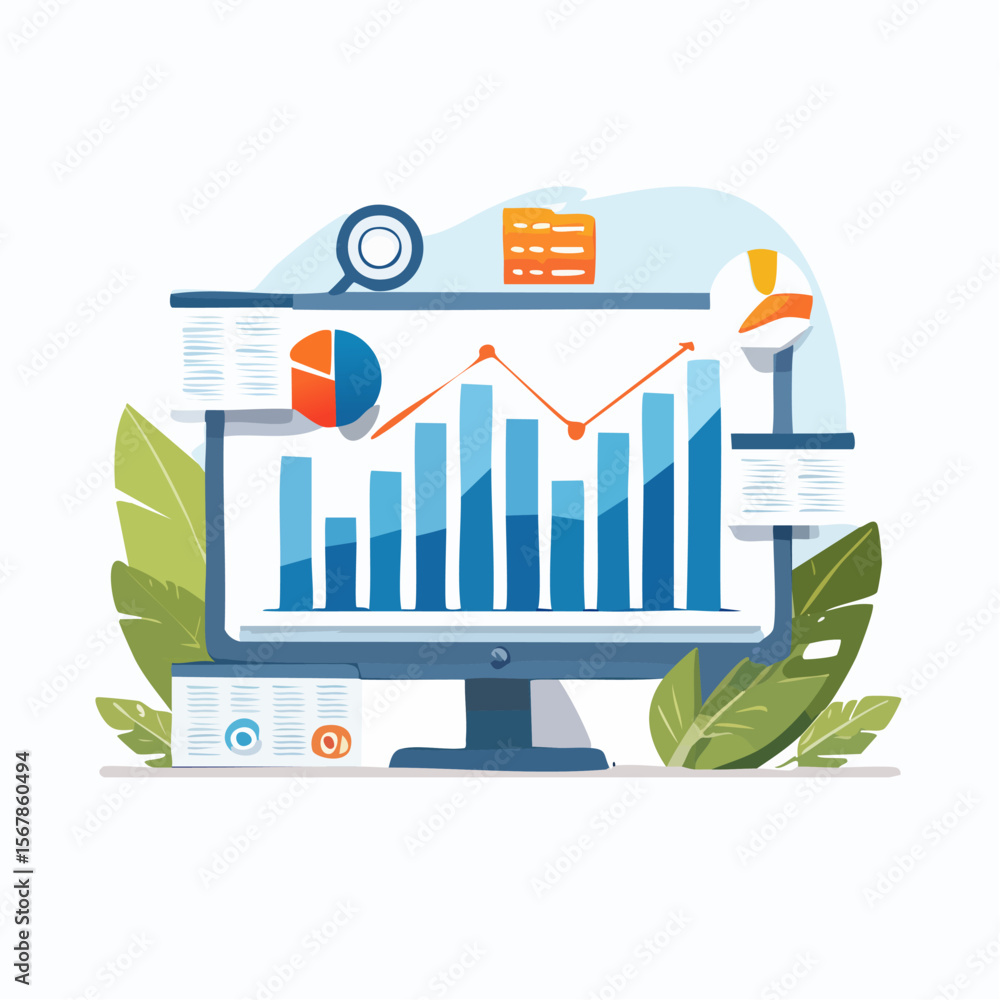 Poster a computer monitor displaying a chart with statistical data and graphs