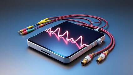 Modern technology with audio cables displays waveform on a sleek smartphone, symbolizing data connection and signal processing for communication technology.