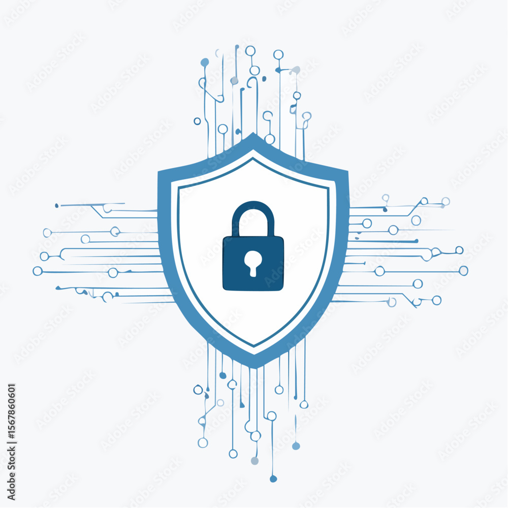 Aufkleber blue security shield with padlock surrounded by networklike lines and dots