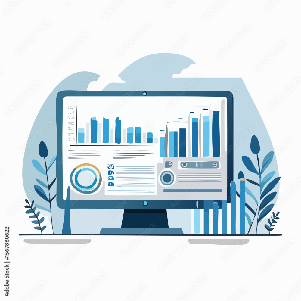 Poster bluetoned monitor displays bar graphs dials and data with leafy embellishments