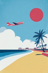 Bright summer vacation vibes with beach, palm trees, and airplane overhead Generative AI