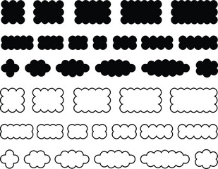 Decorative cloud shapes vector set, abstract rounded frame collection, solid and outline graphic group, editable border design elements for labels, badges, stickers, templates, banners, and posters
