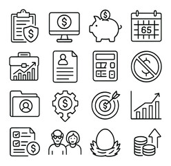 Retirement planning collection, finance and savings icons. pension and investment set