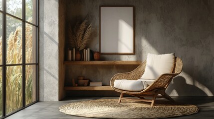 Cozy wicker chair in a sunlit room with blank canvas