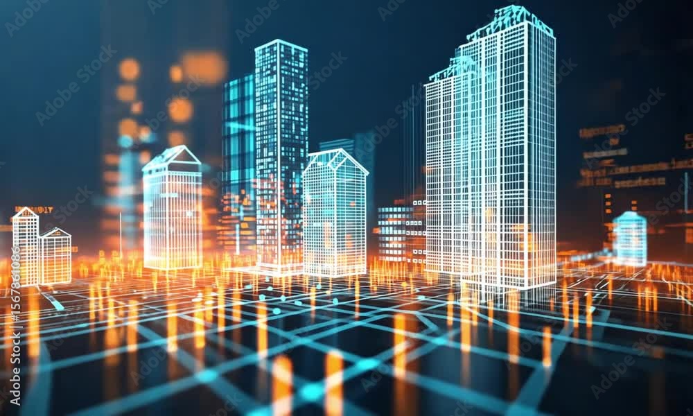Aufkleber abstract digital city skyline with glowing lines and futuristic building structures view from below