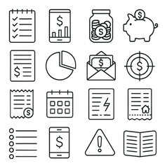 Personal budget collection, finance and money management icons. expense tracking set