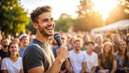 A joyful youth speaks confidently into a microphone, engaging an attentive audience in a vibrant, lively atmosphere.