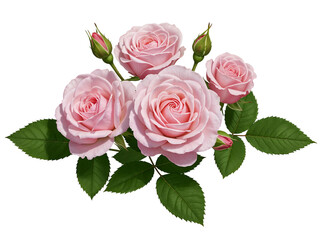 Naklejka premium A delicate bouquet of pink roses and buds with green leaves isolated on transparent background