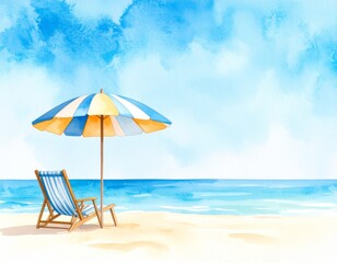 Beach umbrella and chair, a serene seaside escape on the sandy shore relaxing