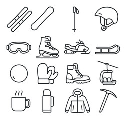 Winter sports icon collection, skiing and snowboarding symbols. cold weather gear set