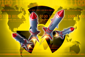 Illustration of nuclear missiles launching with radiation symbol and digital world map in...