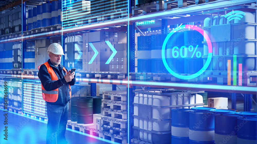 Poster engineer in safety gear checks smart inventory data on smartphone in automated warehouse with barrel