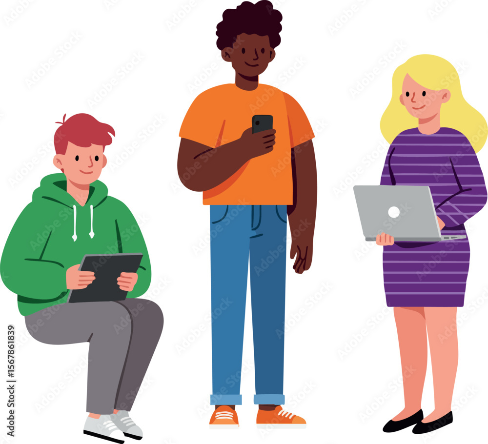Poster diverse group of young people using digital devices in casual setting with modern technology vector 