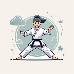 Karate figure in white uniform black belt open stance