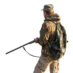 Hunting period, autumn season open. A hunter with a gun in his hands in hunting clothes in the...