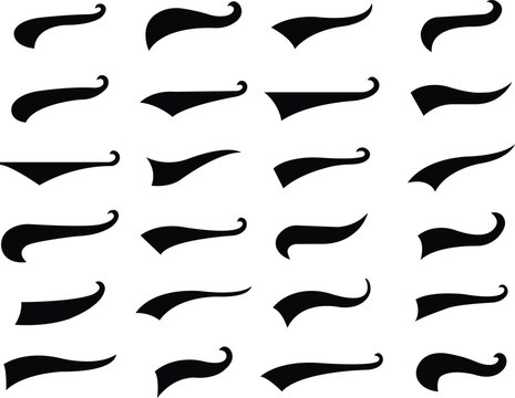 Swoosh and swashes tails vector flat set, decorative calligraphy stroke and flourish icon collection, elegant graphic group of handwritten ornaments, elements for typography, wedding, and invitations
