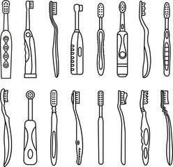 Toothbrush vector icons set, dental care and oral hygiene brush collection, line and outline graphic group, editable design elements for health, teeth cleaning, and dentist projects