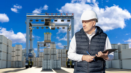 Man in container warehouse. Storage place in seaport. Gantry crane for unloading sea vessels....