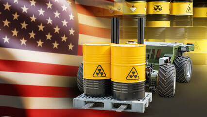 Barrels with radioactive waste. US Flag. Barrels with nuclear fuel. Toxic waste transported by...