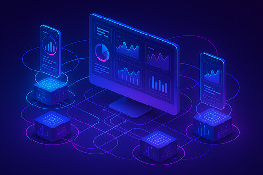Futuristic digital ecosystem with connected devices displaying data analytics and business graphs on dark blue background