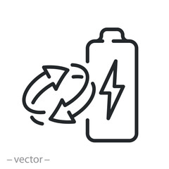 eco friendly accumulator icon, two rotating arrows, recycle battery, recycling used battery, waste management, thin line symbol on white background - editable stroke vector illustration eps10