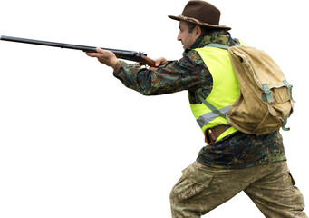 Hunting period, autumn season open. A hunter with a gun in his hands in hunting clothes in the...