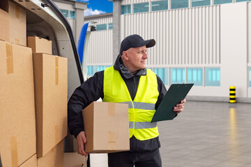 Courier near minivan. Delivery man with box in hands. Courier near warehouse buildings. Logistician...