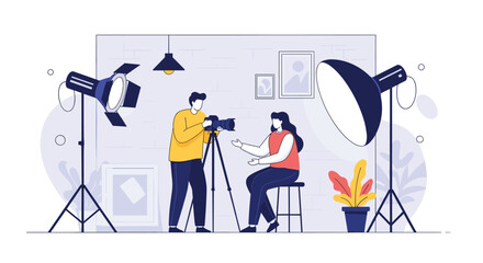 Professional photography studio setup with photographer and model ready for a photo shoot session