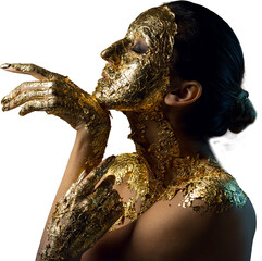 Girl with a mask on her face made of gold leaf. Gloomy studio portrait of a brunette on an abstract background.