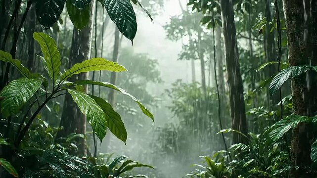 Rainfall in Dense Green Forest &ndash; Cinematic Atmospheric Nature Footage in 4K - A moody cinematic clip of heavy rain falling in a dense, lush green forest. Mist rises from the damp forest floor
