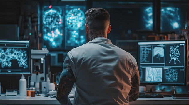 A tattooed doctor in a high-tech lab, holding a holographic patient chart