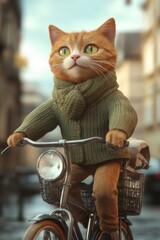 Cat dressed in a cozy sweater rides a bicycle through a charming street in a European-inspired town during a sunny afternoon