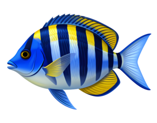 Sergeant Major Fish (Abudefduf saxatilis) in Profile View  Isolated on Transparent Background PNG