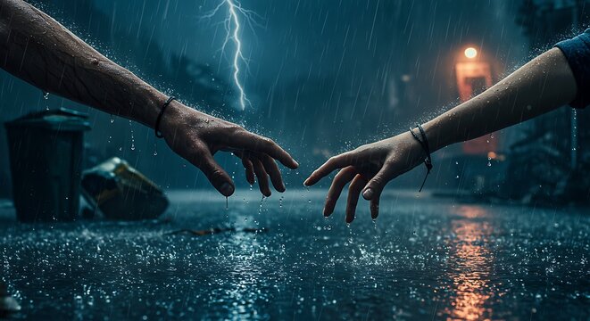Two Hands Almost Touching on a Wet Urban Street - Powered by Adobe