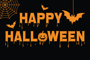 Happy halloween typography vector illustration with bats and spiderweb on black background