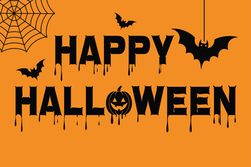 Happy halloween typography vector illustration with bats and spiderweb on orange background