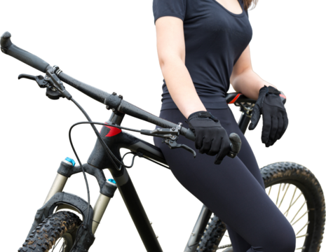 Girl on a mountain bike on offroad, beautiful portrait of a cyclist in rainy weather, Fitness girl rides a modern carbon fiber mountain bike in sportswear. Close-up portrait of a girl in red bandana. - Powered by Adobe