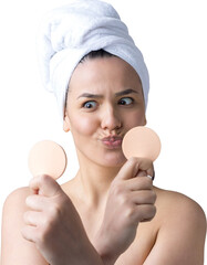 Beauty portrait of woman in white towel on head with a sponge for a body in view of a pink heart....