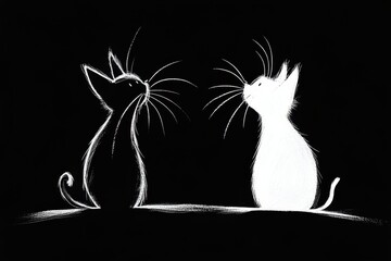 Two cats in contrast explore their surroundings in a minimalist black and white artistic depiction during a quiet night