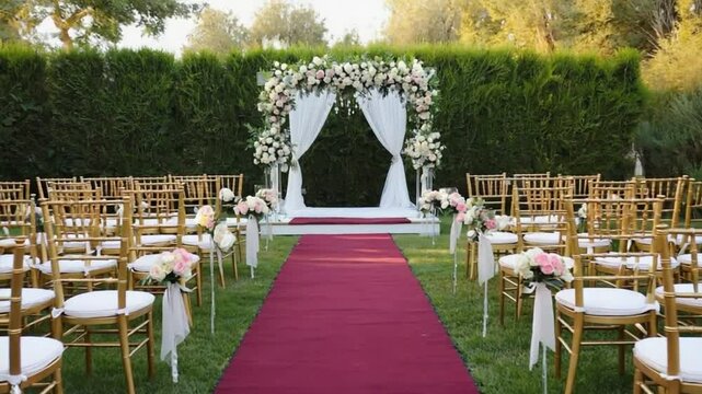  wedding ceremony setup gold chiavari chairs white cushions floral aisle video
