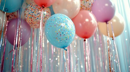 Pastel balloons with confetti, ribbons, and a light blue backdrop