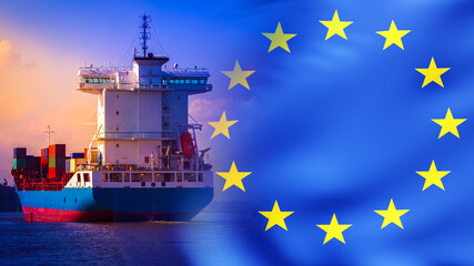 Container ship with EU flag. Sea vessel from European union. Ship for transporting sea cargo. Sea...