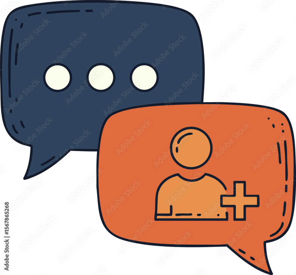 Aufkleber chat speech bubbles with user icon and add symbol in blue and orange colors vector illustration