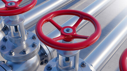 Steel pipes with red valves. Gas pipeline. Oil supply pipes. Pipeline with valves close up. Steel...
