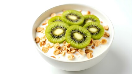 A bowl of creamy yogurt topped with crunchy granola and fresh, vibrant green kiwi slices.