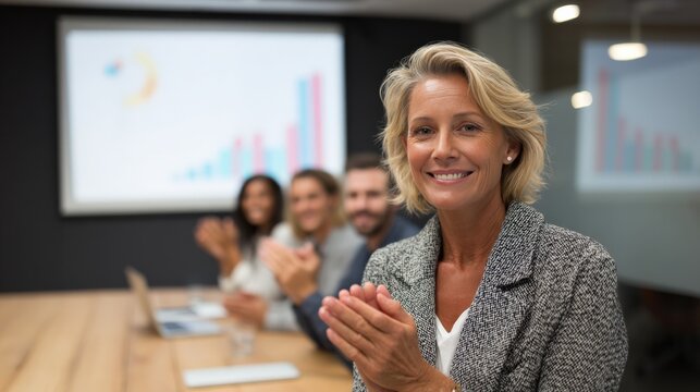 Applauding startup team led by female manager with confident smile, business charts on screen in background, space on right for text